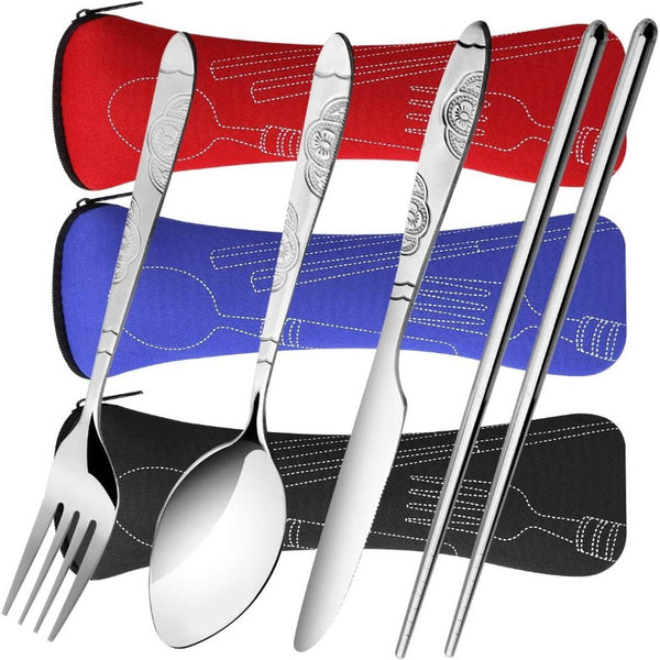 6pcs Reusable Flatware Sets Knife, Fork, Spoon, Chopsticks, 24pcs Portable Travel Stainless Steel Tableware Dinnerware with Carrying Case, Travel Utensils, Portable Cutlery, Modern Flatware, Stylish Utensils, Rustresistant Cutlery