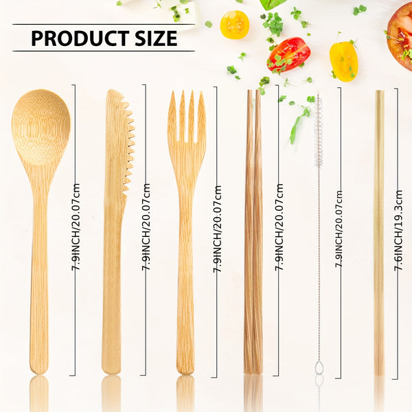 4 Sets Bamboo Utensils Wooden Utensils Set Reusable Cutlery Travel Chopsticks Fork Spoon Straw Portable Utensil Case for Travel Hiking Picnic Camping Cooking Office Kitchen (Vintage Style)
