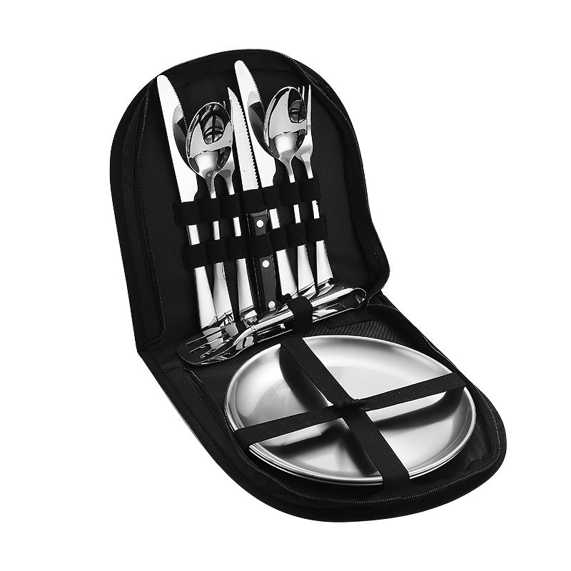 10pcs\u002F 20pcs Camping Utensils Set, Food-Grade 304 Stainless Steel Silverware & Plates, Dishwasher Safe, Heavy-Duty with Storage Pouch for Camping, Picnic, BBQ, Portable Eating Tools, Picnic Utensils Kit, Reusable Outdoor Cutlery, Heavy-Duty