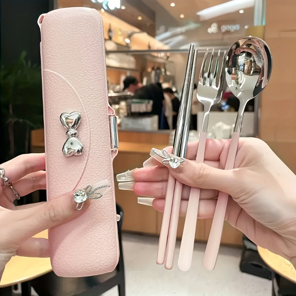 8pcs 304 Stainless Steel Portable Cutlery Set with Storage Box - -Friendly Hygienic Travel Tableware (Chopsticks, Spoon, Fork) in Pink Case with Lid for School Lunches, Camping, Picnic - Food-Grade Durable Utensils