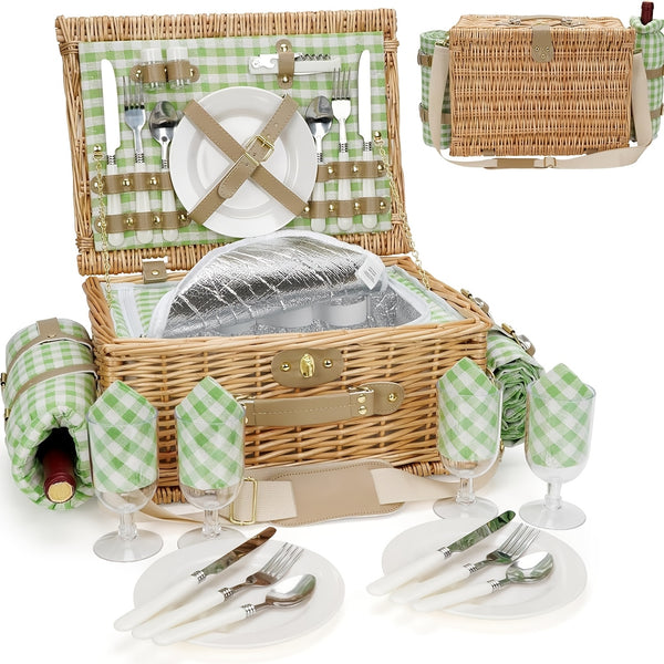 Picnic Basket Set for 2 with Large Insulated Cooler Compartment, Wicker Hamper with Blanket & Washable Green\u002FGingham Checkered Mat - New Zealand Pine Wood Portable Outdoor Lunch Box for Camping, Beach, Picnic, Wine (Golden-Tone