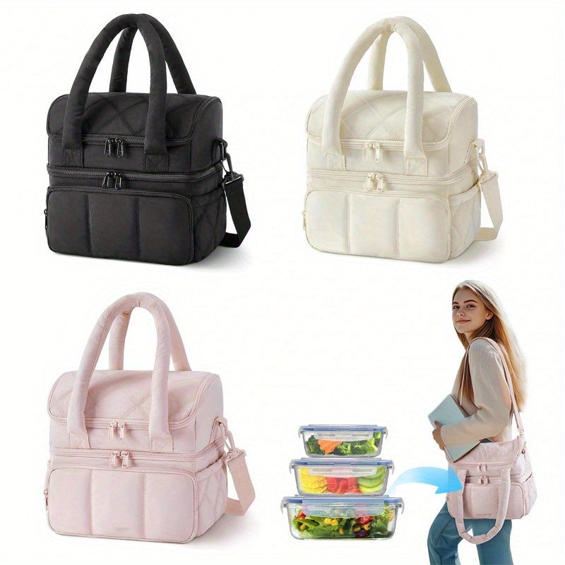 Insulated Lunch Bags for Women, Cute Quilted Lunch Box, Lightweight Puffy Padded Waterproof Lunch Tote, Reusable Lunch Cooler for Work Picnic Travel