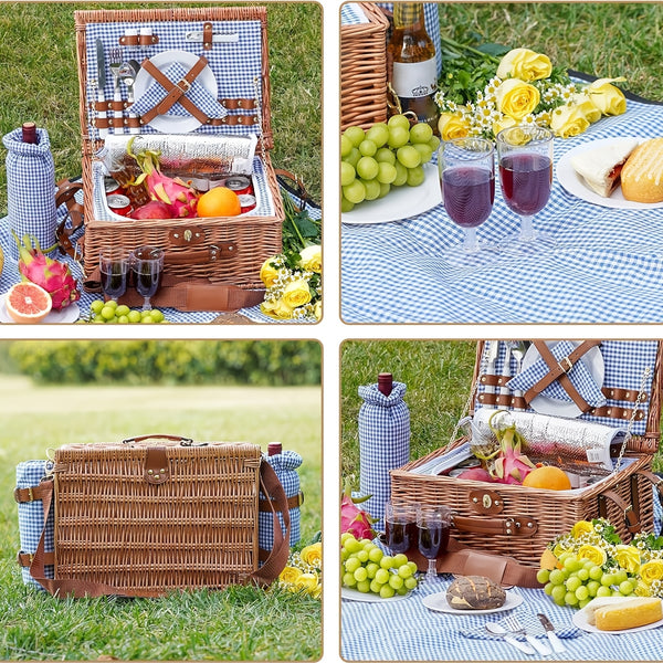 Picnic Basket Set for 2 with Large Insulated Cooler Compartment, Wicker Hamper with Blanket & Washable Green\u002FGingham Checkered Mat - New Zealand Pine Wood Portable Outdoor Lunch Box for Camping, Beach, Picnic, Wine (Golden-Tone