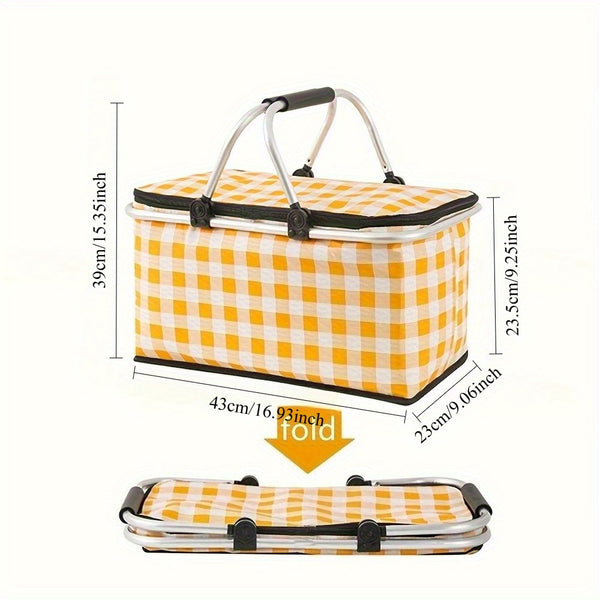 1pc of Portable Outdoor Picnic Cooler Bag with Two Ice Packs - Sturdy Steel Frame, Collapsible, Insulated Food Storage Basket Featuring a Convenient Carry Handle for Camping, Travel, And Outdoor Activities.