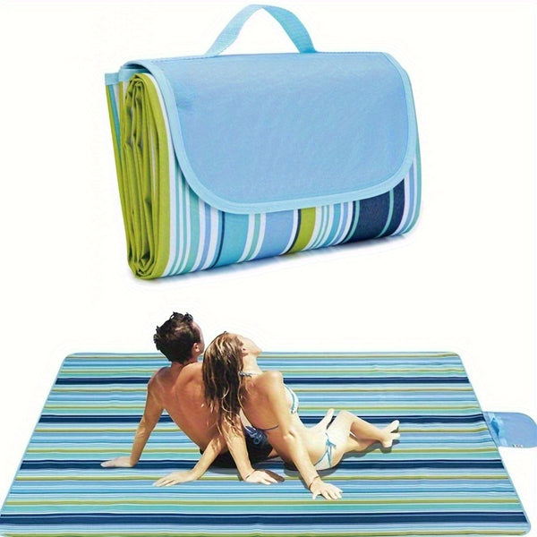 Heavy-Duty Picnic Blanket Heavy-Duty Extra Wide High Quality Picnic Blanket - All-Weather Outdoor Mat with Carry Handles, Non-Slip Beach, Camping, Tailgating Blanket - Blue & Green Striped for Grass, Park, Tent - Hand Wash Only, Picnic Mat, Grass Protecti