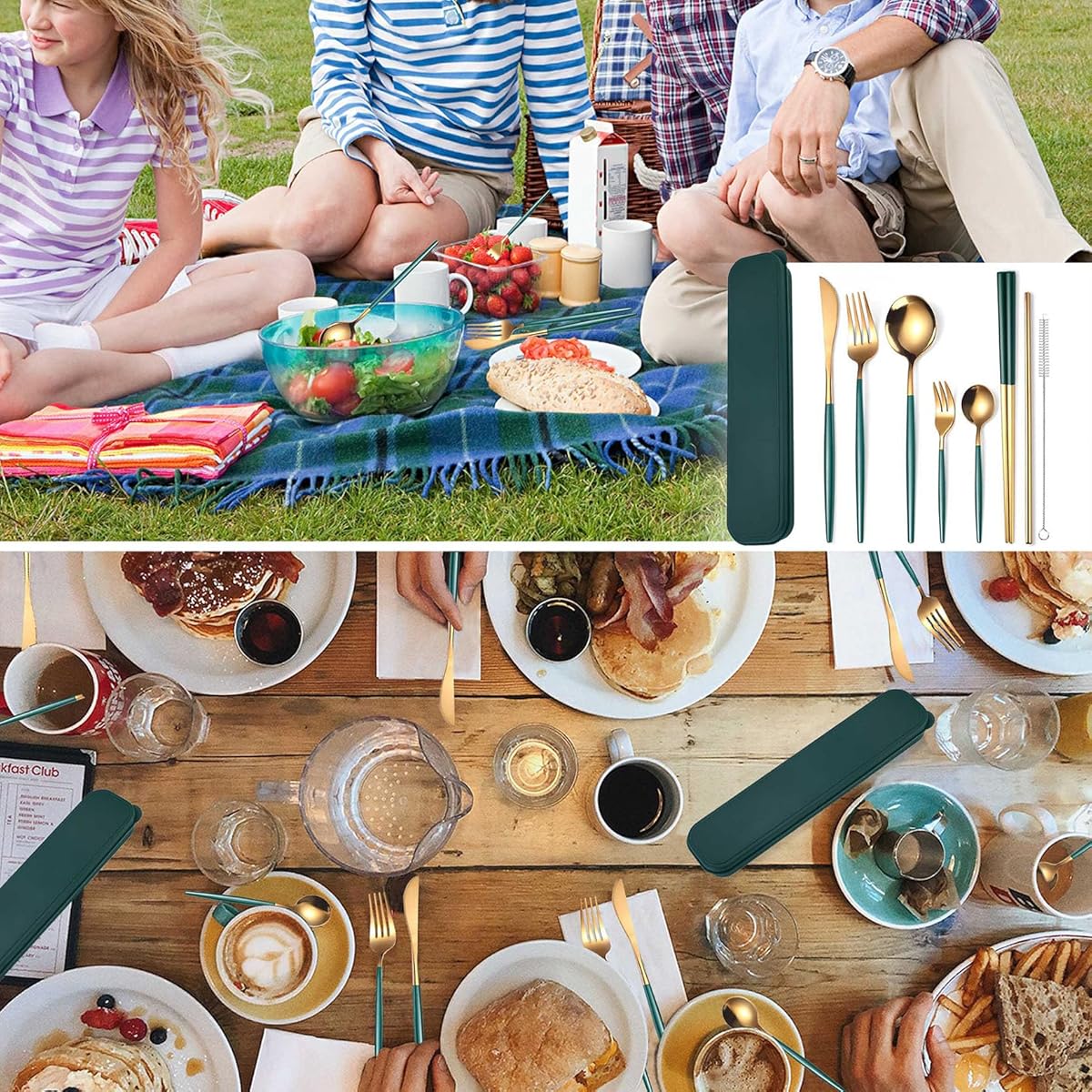 8pcs Stainless Steel Flatware Set - Portable Reusable Travel Cutlery with Chopsticks, Knife, Fork, Spoon & Cleaning Brush | Dishwasher Safe, Compact & Elegant Green & Golden Design for Camping, Office, Travel | Durable Rust-Resistant Utensils