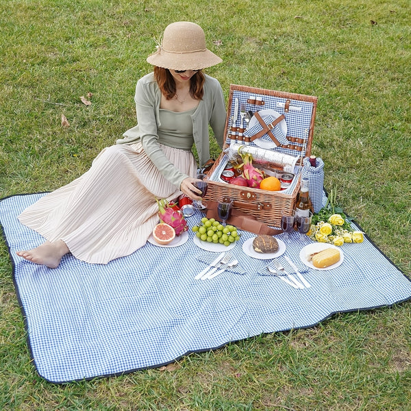 Picnic Basket Set for 2 with Large Insulated Cooler Compartment, Wicker Hamper with Blanket & Washable Green\u002FGingham Checkered Mat - New Zealand Pine Wood Portable Outdoor Lunch Box for Camping, Beach, Picnic, Wine (Golden-Tone