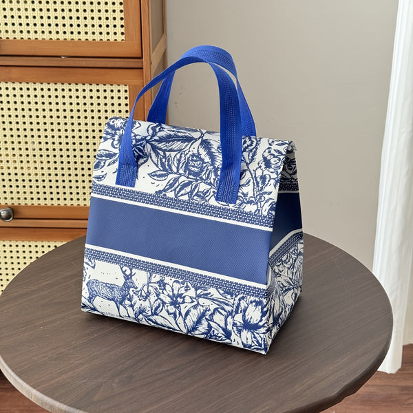 Reusable Insulated Food Delivery Bags - Thickened Self-Sealing Oil-Proof Thermal Takeout Bags with Blue Floral Pattern & Sturdy Zipper-like Closure for Milk Tea, Cakes, BBQ, Hot\u002FCold Meals - Portable Large Capacity Insulated Packaging, Hot And Cold I