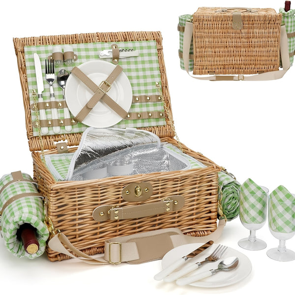 Picnic Basket Set for 2 with Large Insulated Cooler Compartment, Wicker Hamper with Blanket & Washable Green\u002FGingham Checkered Mat - New Zealand Pine Wood Portable Outdoor Lunch Box for Camping, Beach, Picnic, Wine (Golden-Tone