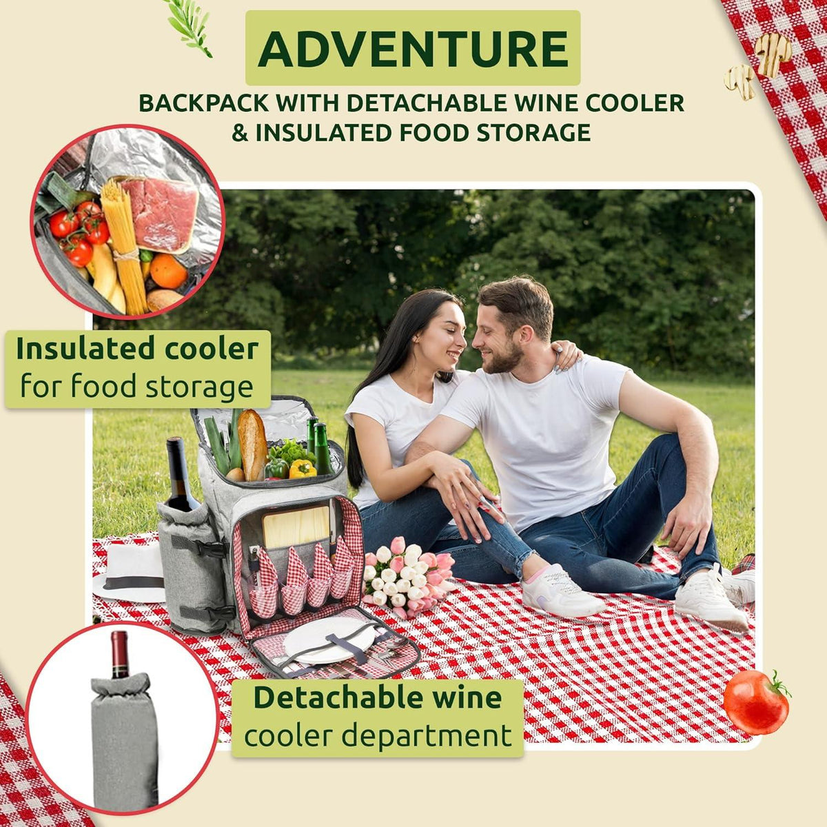 Nature Gear Large Picnic Backpack, Insulated Bag with Detachable Wine Cooler & Picnic Blanket, Includes Dinnerware Set for 4 & Picnic Accessories, Waterproof Outdoor Travel Backpack for Beach, Red