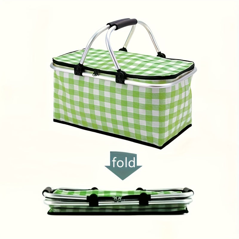 1pc of Portable Outdoor Picnic Cooler Bag with Two Ice Packs - Sturdy Steel Frame, Collapsible, Insulated Food Storage Basket Featuring a Convenient Carry Handle for Camping, Travel, And Outdoor Activities.