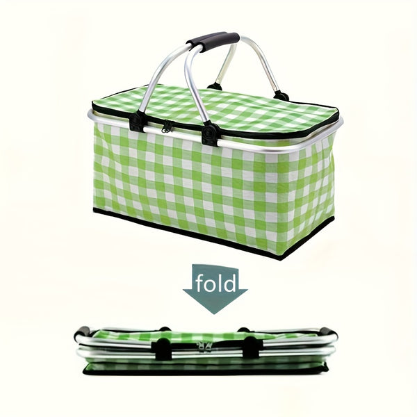 1pc of Portable Outdoor Picnic Cooler Bag with Two Ice Packs - Sturdy Steel Frame, Collapsible, Insulated Food Storage Basket Featuring a Convenient Carry Handle for Camping, Travel, And Outdoor Activities.