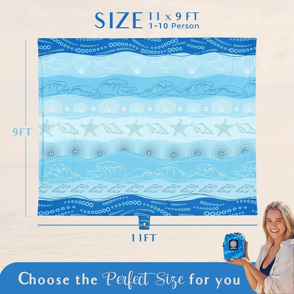 WEKAPO Oversized Extra Large High Quality Beach Blanket & Mat - 11x9ft Sand-Free, Heavy-Duty with Stakes & Storage Bag, Bohemian Starfish Design - for 1-10 People, Picnic, Pool, Camping - Lightweight Microfiber, Winter-Ready