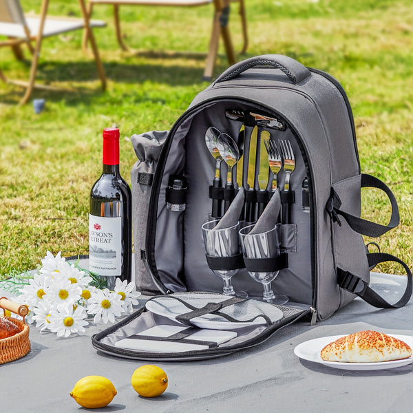 Happybuy 2-Person\u002F4-person Picnic Backpack with Insulated Compartment And Complete Dining Set Ideal for Hiking, Camping And Beach Trips In Grey\u002Fblue