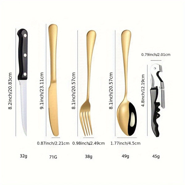 Picnic Dishes Utensils Golden Camping Flatware Set for 4 Portable Tableware Plates Silverware Forks Spoons Knives Bottle Opener Food Tongs Complete Kit with Zipper Bag