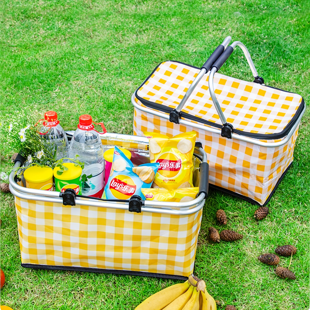 7.13gal Large Collapsible Insulated Cooler Picnic Basket with Lid & Sturdy Handles - Heavy-Duty Thermal Insulation Reusable Folding Grocery Shopping Basket for Outdoor Picnic, Travel, Camping, Beach - Durable Portable Cooler Bag for Storage, Groceries