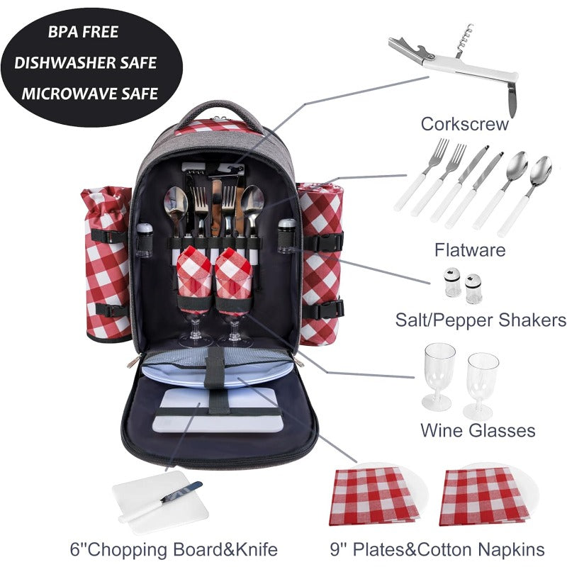 All-in-One 2-Person Picnic Backpack Set with Cooler Compartment, Detachable Wine\u002FBottle Holder & Complete Cutlery\u002FPlate Set + Fleece Blanket (45\