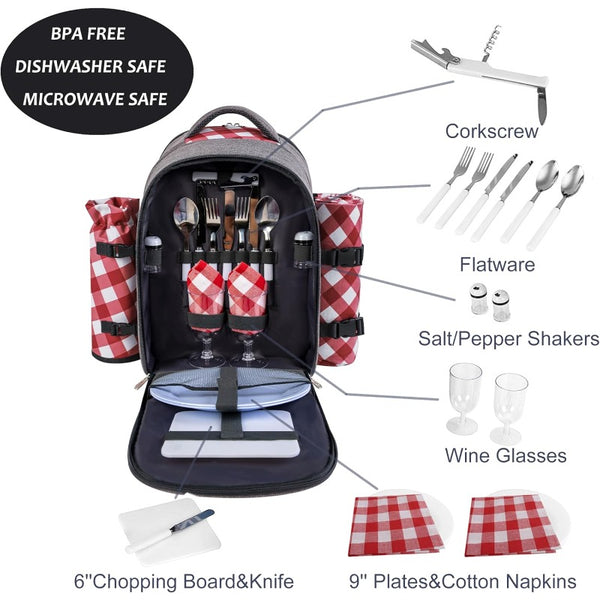 All-in-One 2-Person Picnic Backpack Set with Cooler Compartment, Detachable Wine\u002FBottle Holder & Complete Cutlery\u002FPlate Set + Fleece Blanket (45\