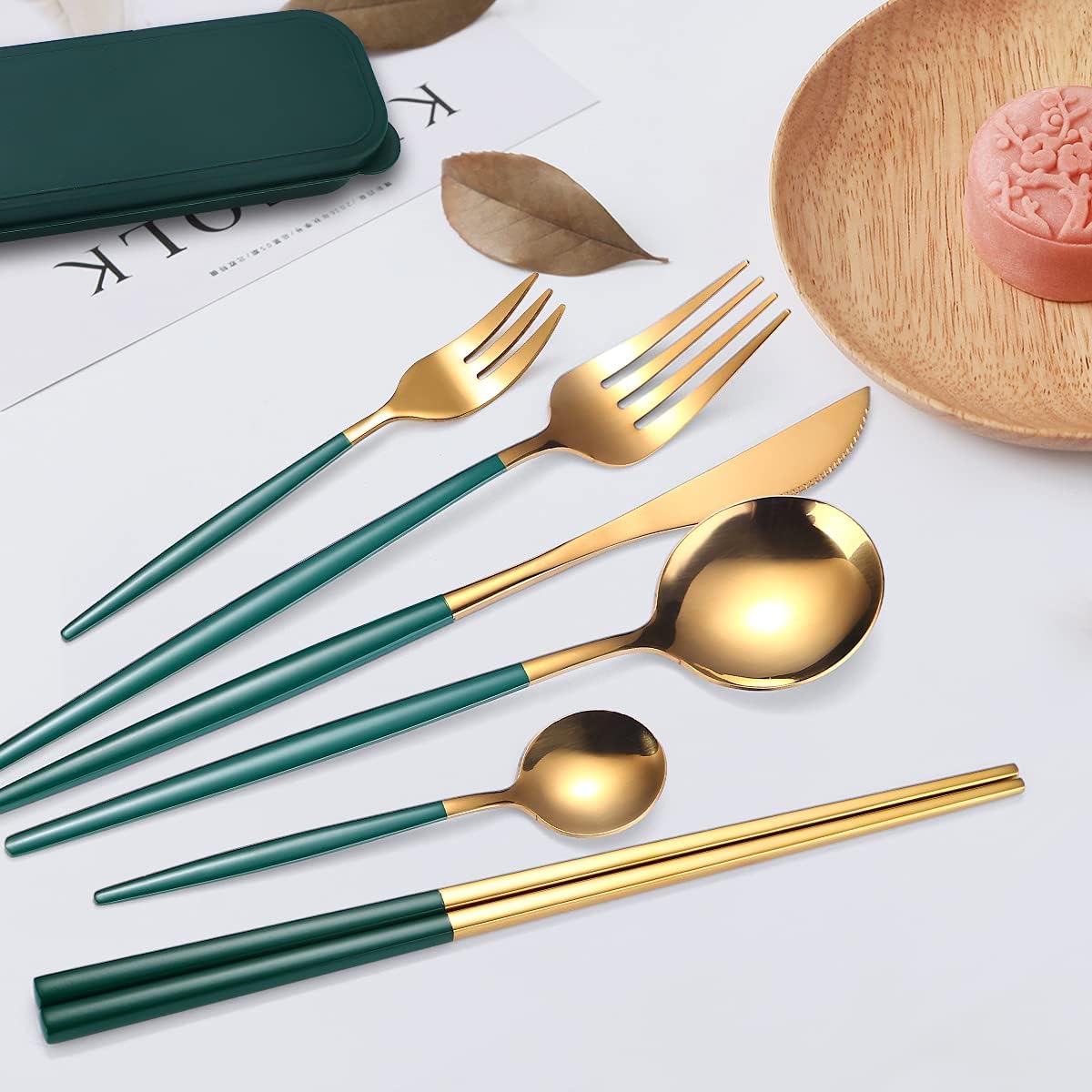 8pcs Stainless Steel Flatware Set - Portable Reusable Travel Cutlery with Chopsticks, Knife, Fork, Spoon & Cleaning Brush | Dishwasher Safe, Compact & Elegant Green & Golden Design for Camping, Office, Travel | Durable Rust-Resistant Utensils
