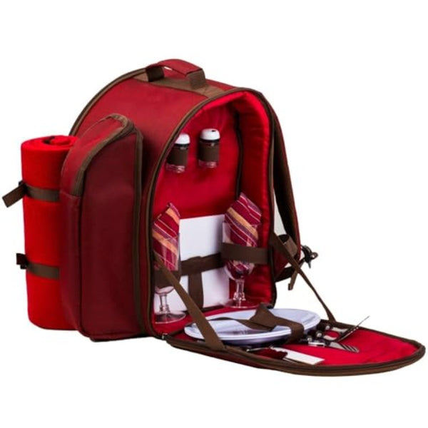 Fully Loaded Insulated Picnic Backpack with Leakproof Cooler Compartment, Fleece Blanket & Wine Holder - All-in-One Outdoor Picnic Set for 2 with Cutlery Organizer, Durable Red Backpack for Hiking, Camping, Romantic Dates - Stylish & Portable Design