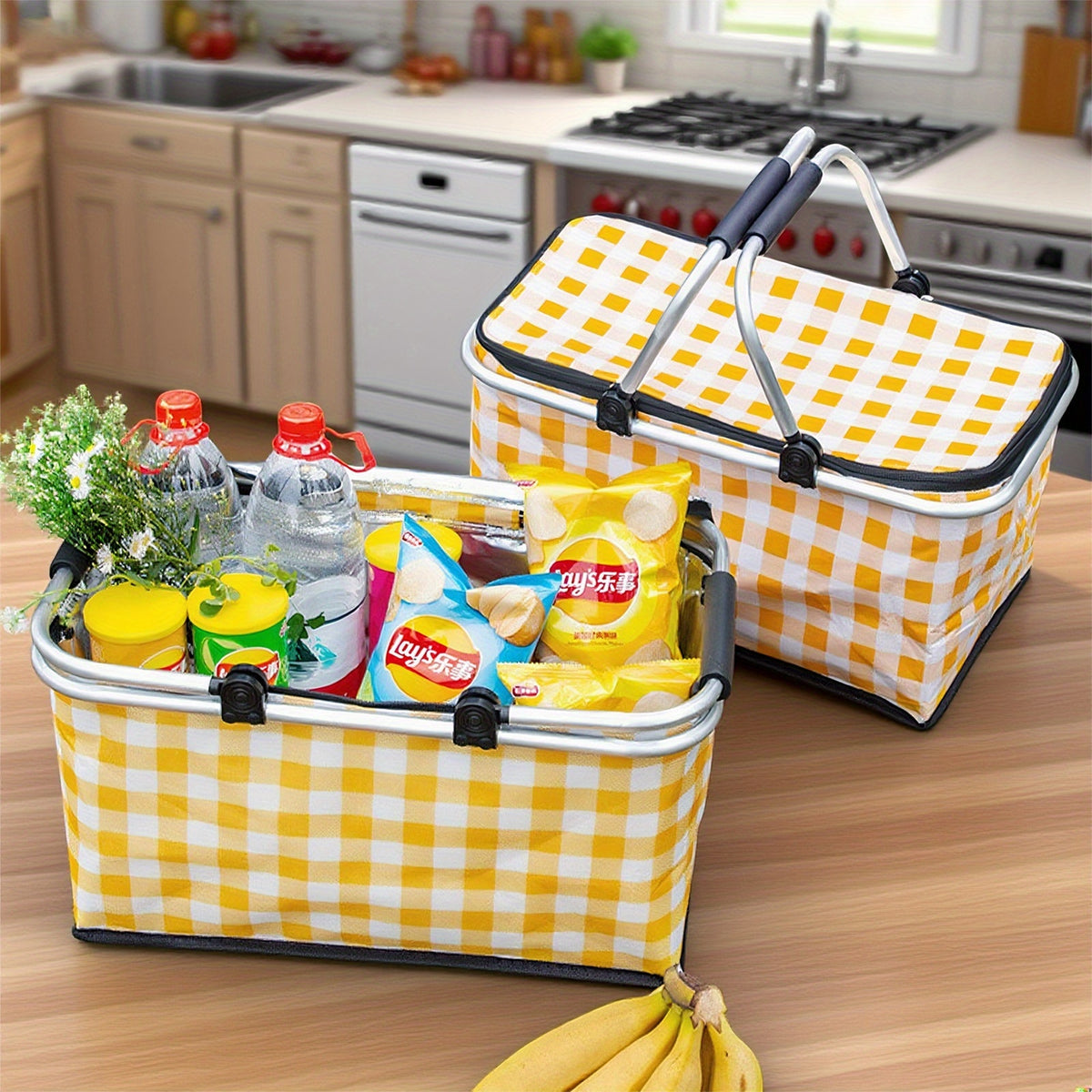 7.13gal Large Collapsible Insulated Cooler Picnic Basket with Lid & Sturdy Handles - Heavy-Duty Thermal Insulation Reusable Folding Grocery Shopping Basket for Outdoor Picnic, Travel, Camping, Beach - Durable Portable Cooler Bag for Storage, Groceries