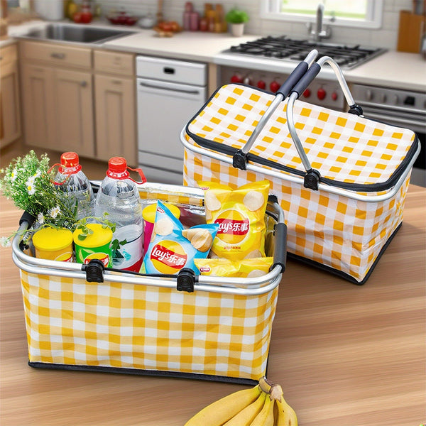 7.13gal Large Collapsible Insulated Cooler Picnic Basket with Lid & Sturdy Handles - Heavy-Duty Thermal Insulation Reusable Folding Grocery Shopping Basket for Outdoor Picnic, Travel, Camping, Beach - Durable Portable Cooler Bag for Storage, Groceries