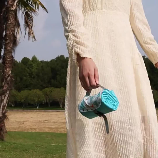 Portable Pocket Outdoor Mat - Compact Lightweight Nylon Picnic Blanket with Cute Animal & Fruit Patterns (Unicorns, Bears, Strawberries) & s, Beach, Camping, Backyard - All-Season Green\u002FBlue\u002FGrey\u002FTurquoise Foldable