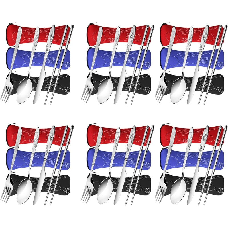 6pcs Reusable Flatware Sets Knife, Fork, Spoon, Chopsticks, 24pcs Portable Travel Stainless Steel Tableware Dinnerware with Carrying Case, Travel Utensils, Portable Cutlery, Modern Flatware, Stylish Utensils, Rustresistant Cutlery