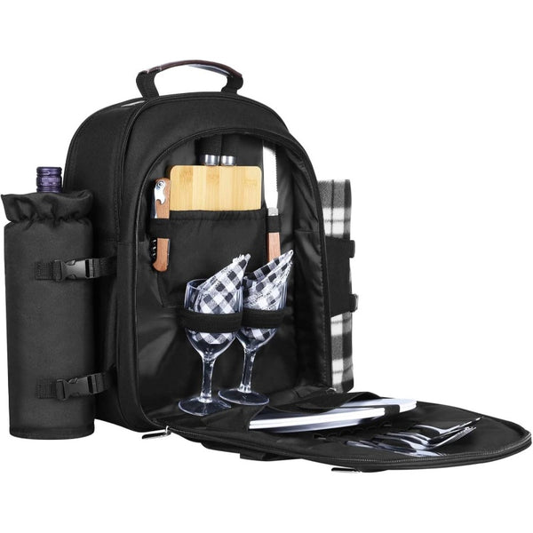 2-Person Insulated Picnic Backpack with Cooler Compartment, Wine Holder, Blanket & Stainless Steel Cutlery Set - All-in-One Portable Outdoor Lunch Box for, Friends, Family - -Style Carrier (No External Cooler Needed)
