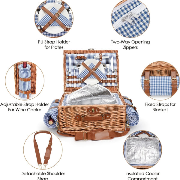 Picnic Basket Set for 2 with Large Insulated Cooler Compartment, Wicker Hamper with Blanket & Washable Green\u002FGingham Checkered Mat - New Zealand Pine Wood Portable Outdoor Lunch Box for Camping, Beach, Picnic, Wine (Golden-Tone