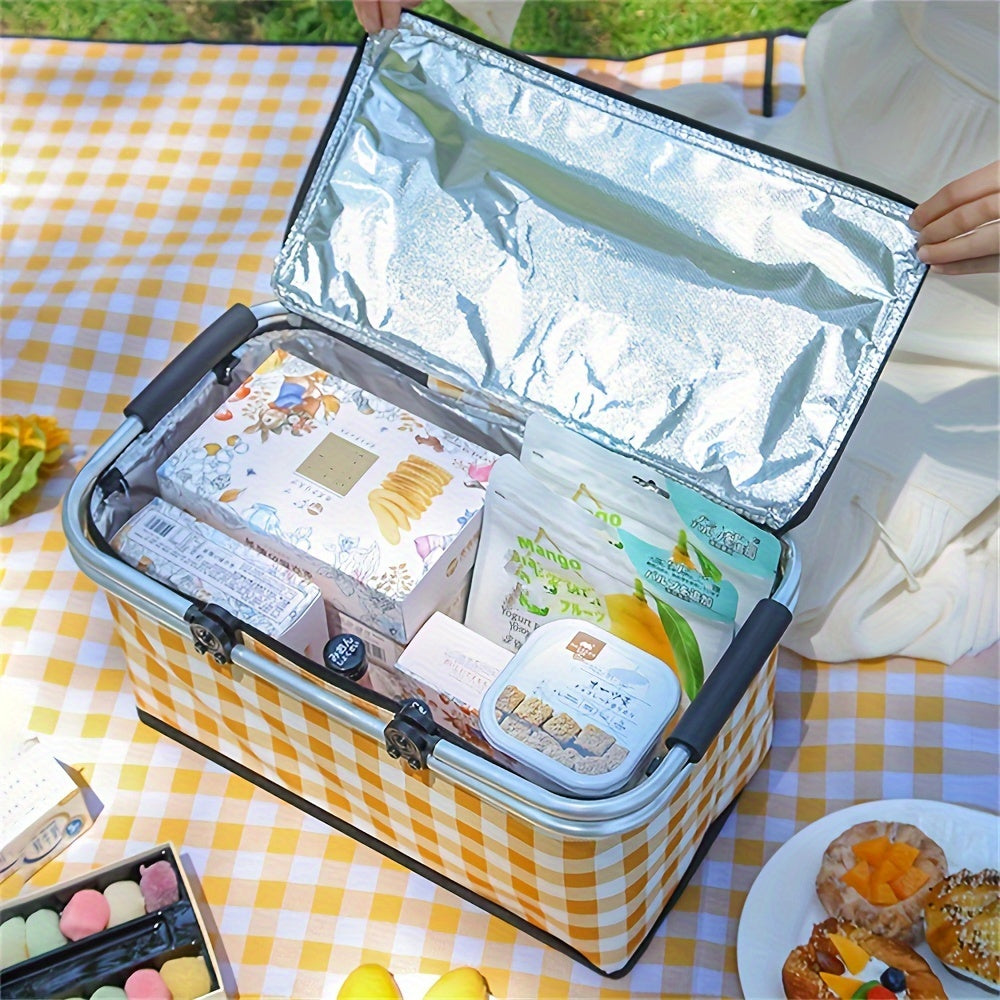 1pc of Portable Outdoor Picnic Cooler Bag with Two Ice Packs - Sturdy Steel Frame, Collapsible, Insulated Food Storage Basket Featuring a Convenient Carry Handle for Camping, Travel, And Outdoor Activities.