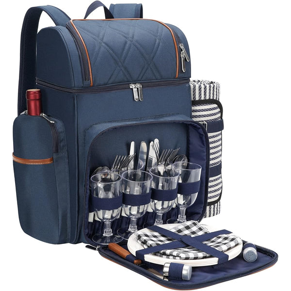 All-in-One 4-Person Picnic Backpack Set with Insulated Cooler, Complete Tableware & Large Blanket - Leakproof Double Deck Cooler Backpack, Plates, Wine Holders, Padded Straps for Camping, Beach, Park - Heavy-Duty Portable Picnic Basket for