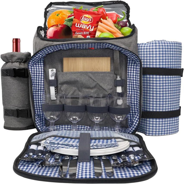 Nature Gear Large Picnic Backpack, Insulated Bag with Detachable Wine Cooler & Picnic Blanket, Includes Dinnerware Set for 4 & Picnic Accessories, Waterproof Outdoor Travel Backpack for Beach, Red