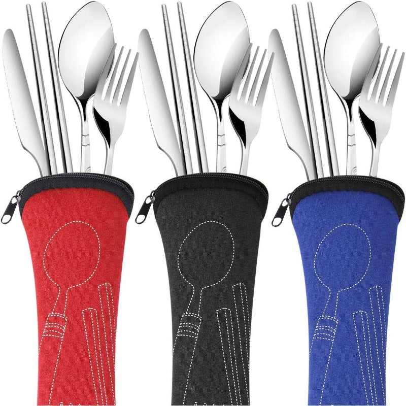 6pcs Reusable Flatware Sets Knife, Fork, Spoon, Chopsticks, 24pcs Portable Travel Stainless Steel Tableware Dinnerware with Carrying Case, Travel Utensils, Portable Cutlery, Modern Flatware, Stylish Utensils, Rustresistant Cutlery