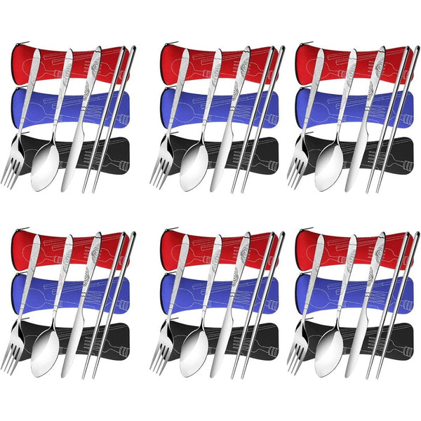 6pcs Reusable Flatware Sets Knife, Fork, Spoon, Chopsticks, 24pcs Portable Travel Stainless Steel Tableware Dinnerware with Carrying Case, Travel Utensils, Portable Cutlery, Modern Flatware, Stylish Utensils, Rustresistant Cutlery