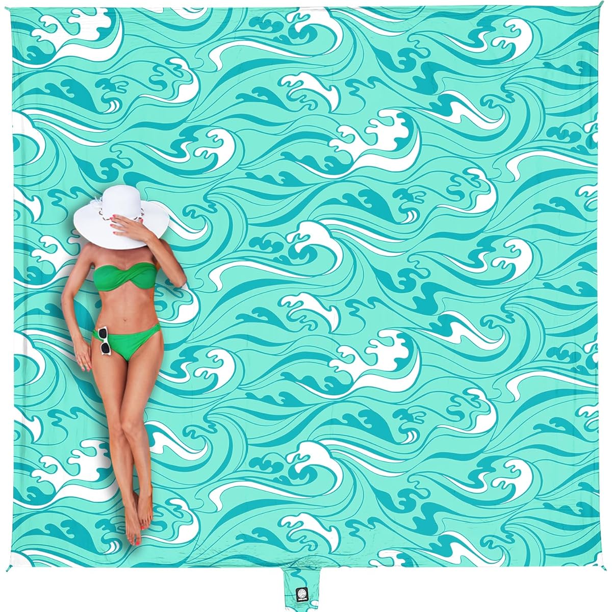 WEKAPO Oversized Extra Large High Quality Beach Blanket & Mat - 11x9ft Turquoise Ocean Waves Sand-Free, with Stakes & Storage Bag, Heavy-Duty for 10 People, Picnic, Pool, Camping - Lightweight for s,, Seniors (Microfiber)