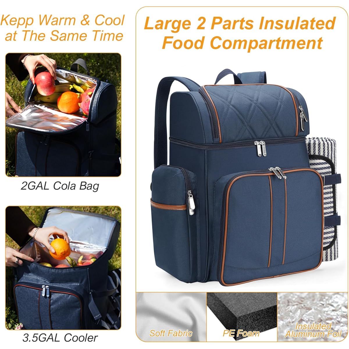All-in-One 4-Person Picnic Backpack Set with Insulated Cooler, Complete Tableware & Large Blanket - Leakproof Double Deck Cooler Backpack, Plates, Wine Holders, Padded Straps for Camping, Beach, Park - Heavy-Duty Portable Picnic Basket for