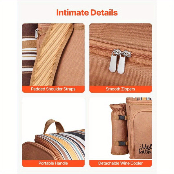 4-Person Beach Picnic Backpack with Cooler Compartment, Multiple Compartments & Detachable Cooler Bag - Includes Utensils, Plates, Napkins, Wine Bottle Holder - Durable Brown Striped Design for Outdoor, Camping, Family Outings