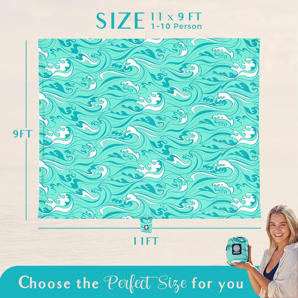 WEKAPO Oversized Extra Large High Quality Beach Blanket & Mat - 11x9ft Turquoise Ocean Waves Sand-Free, with Stakes & Storage Bag, Heavy-Duty for 10 People, Picnic, Pool, Camping - Lightweight for s,, Seniors (Microfiber)