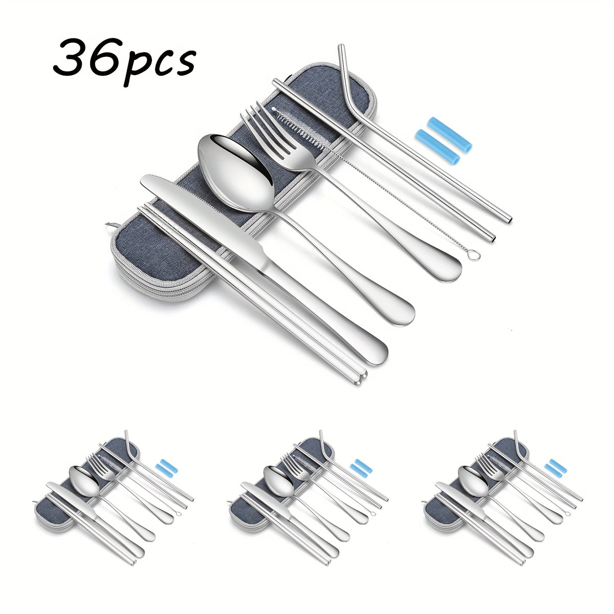 36pcs Portable Stainless Steel Flatware Set, Travel Camping Utensils Set, Portable Cutlery Travel Silverware Dinnerware Set With A Waterproof Storage Case, Lightweight Kitchen Accessories, Fork, Spoon, Knife, Chopstick, Straw, Brush, Tip