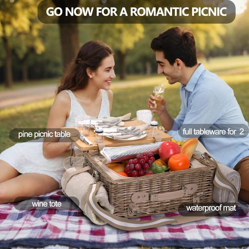 Multifunctional Wicker Picnic Basket Set for 2 with Insulated Table & Blanket - All-in-One Outdoor Dining Set with Full Tableware (Plates, Bowls, Glasses, Cutlery) - Portable Wicker Storage with Side Tables, Durable Wicker Construction & Comfortable