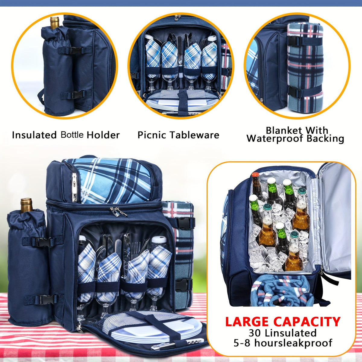 Free Fleece Blanket Included 2-4 Person Picnic Basket Backpack With Insulated, Leak-proof, Cooler Compartment, Wine Rack, Fleece Blanket, And Cutlery Set. Suitable For Both Men And Women. Perfect Thanksgiving, Christmas, And New Year'S Gift.