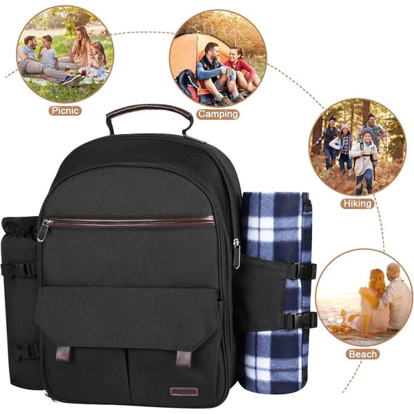 2-Person Insulated Picnic Backpack with Cooler Compartment, Wine Holder, Blanket & Stainless Steel Cutlery Set - All-in-One Portable Outdoor Lunch Box for, Friends, Family - -Style Carrier (No External Cooler Needed)