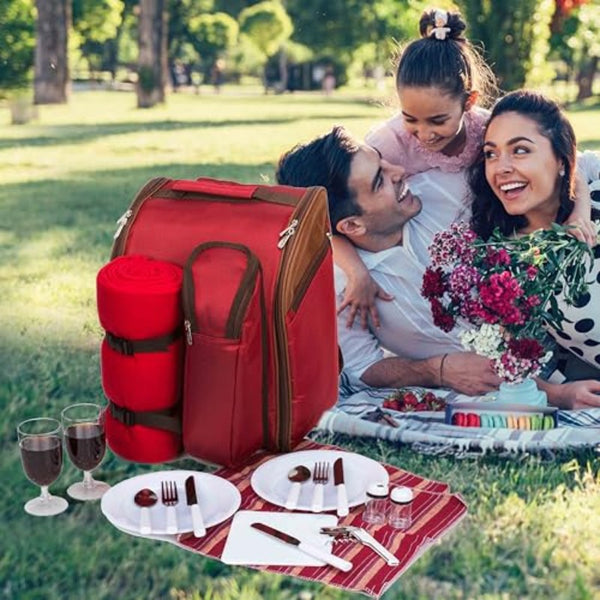 Fully Loaded Insulated Picnic Backpack with Leakproof Cooler Compartment, Fleece Blanket & Wine Holder - All-in-One Outdoor Picnic Set for 2 with Cutlery Organizer, Durable Red Backpack for Hiking, Camping, Romantic Dates - Stylish & Portable Design
