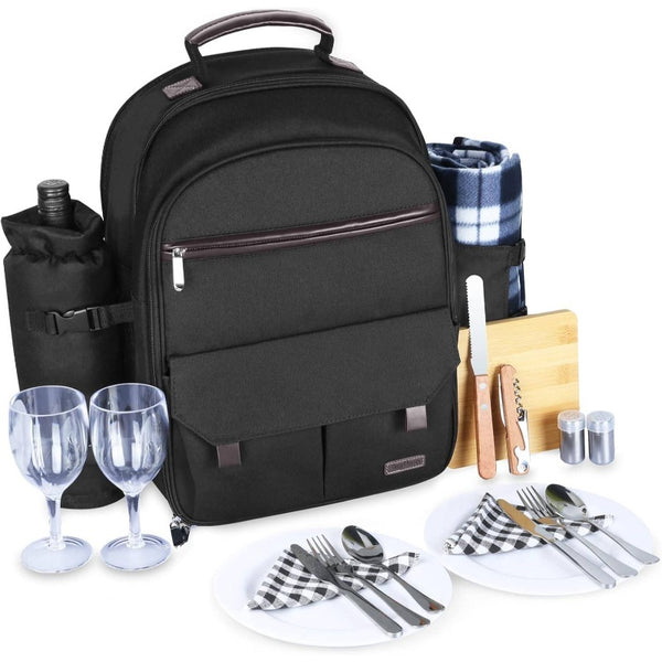 2-Person Insulated Picnic Backpack with Cooler Compartment, Wine Holder, Blanket & Stainless Steel Cutlery Set - All-in-One Portable Outdoor Lunch Box for, Friends, Family - -Style Carrier (No External Cooler Needed)