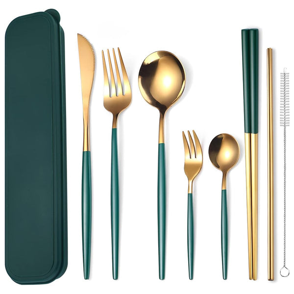 8pcs Stainless Steel Flatware Set - Portable Reusable Travel Cutlery with Chopsticks, Knife, Fork, Spoon & Cleaning Brush | Dishwasher Safe, Compact & Elegant Green & Golden Design for Camping, Office, Travel | Durable Rust-Resistant Utensils