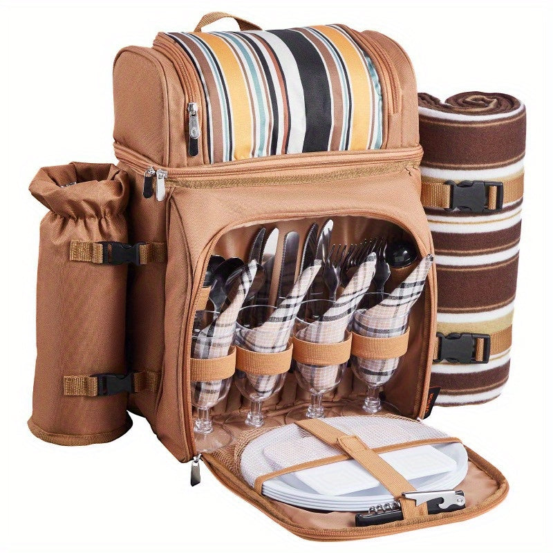 4-Person Beach Picnic Backpack with Cooler Compartment, Multiple Compartments & Detachable Cooler Bag - Includes Utensils, Plates, Napkins, Wine Bottle Holder - Durable Brown Striped Design for Outdoor, Camping, Family Outings