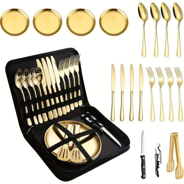 Picnic Dishes Utensils Golden Camping Flatware Set for 4 Portable Tableware Plates Silverware Forks Spoons Knives Bottle Opener Food Tongs Complete Kit with Zipper Bag