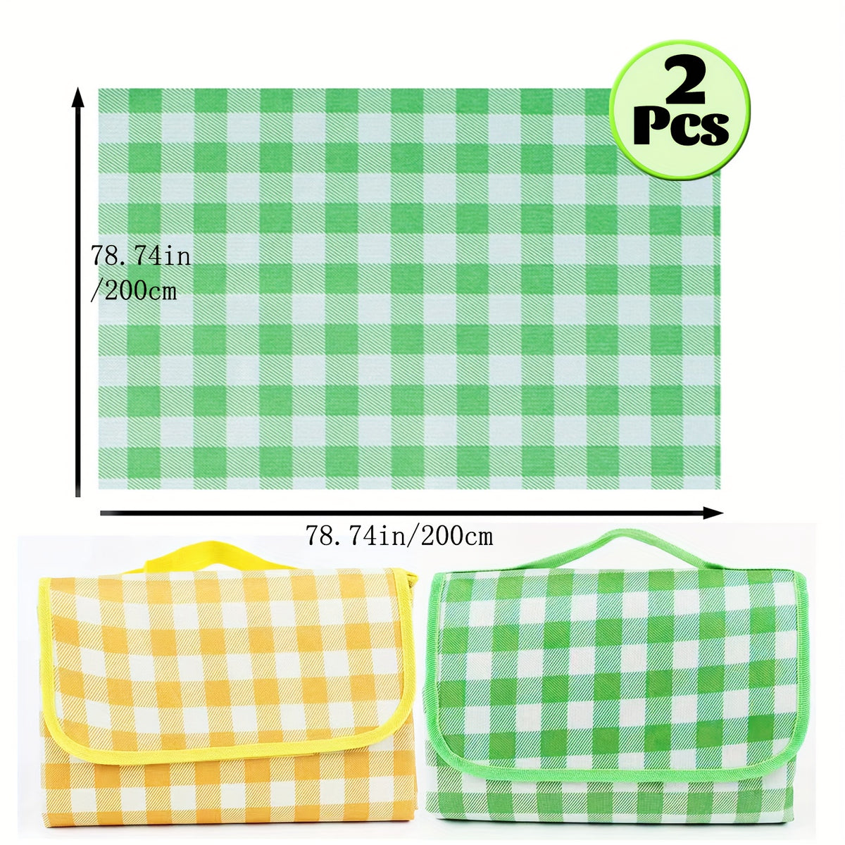 2 Extra Large Durable Picnic Mats, Waterproof And Sandproof, Foldable Beach Mats, Suitable for Camping, Picnicking, Hiking And Activities - Yellow Grid - Green Grid (79*79 Inches), Beach Blanket, Camping Mat, Beach Mat Foldable, Beach Towel, Beach Loungin