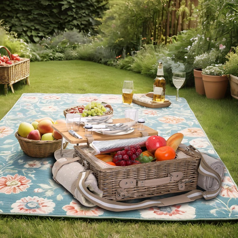 Multifunctional Wicker Picnic Basket Set for 2 with Insulated Table & Blanket - All-in-One Outdoor Dining Set with Full Tableware (Plates, Bowls, Glasses, Cutlery) - Portable Wicker Storage with Side Tables, Durable Wicker Construction & Comfortable